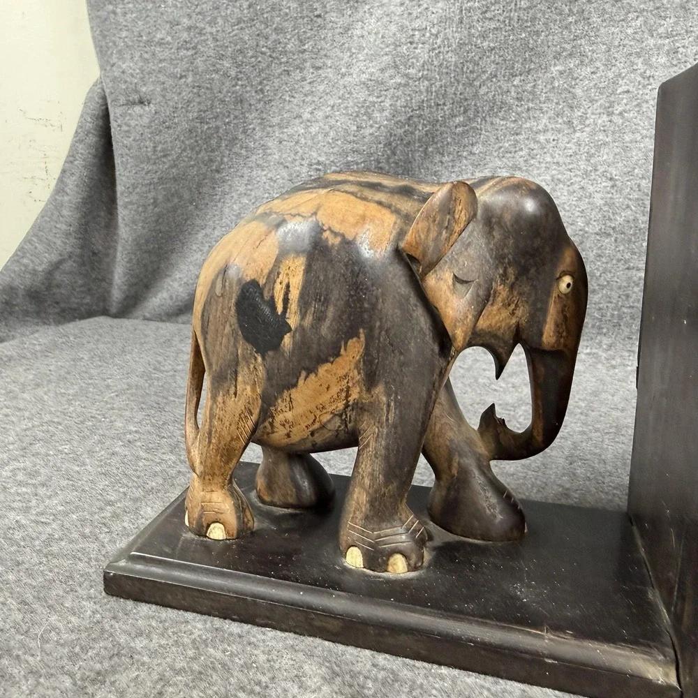 Wood Elephant Bookends Pair Hand Carved Book Holder Brown Home Decor Shelf